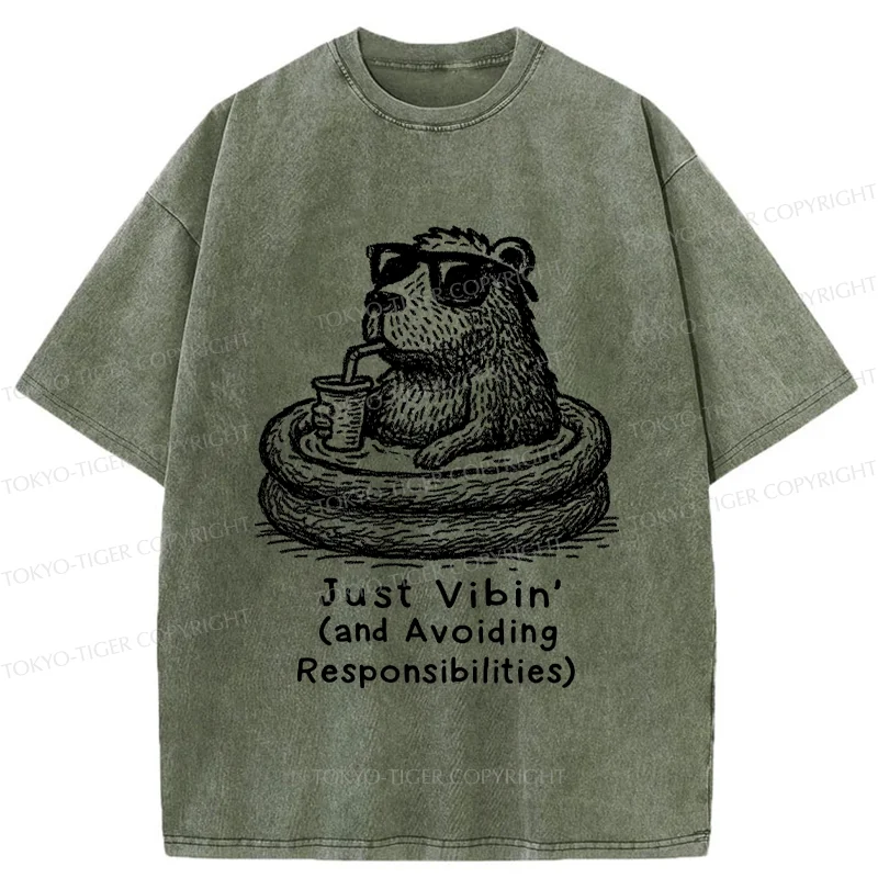 Tokyo-Tiger Capybara On A Bathing Vacation Washed T-Shirt