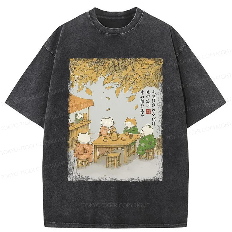 Tokyo-Tiger Cats Drinking Tea Under The Tree Washed T-Shirt