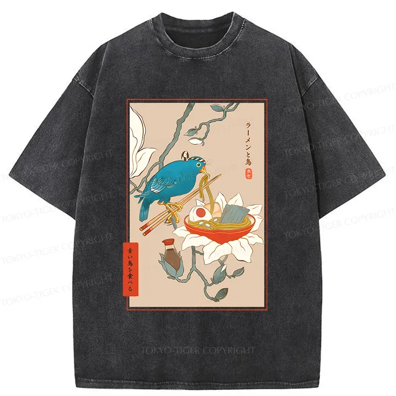 Tokyo-Tiger Bird Eating Ramen Washed T-Shirt