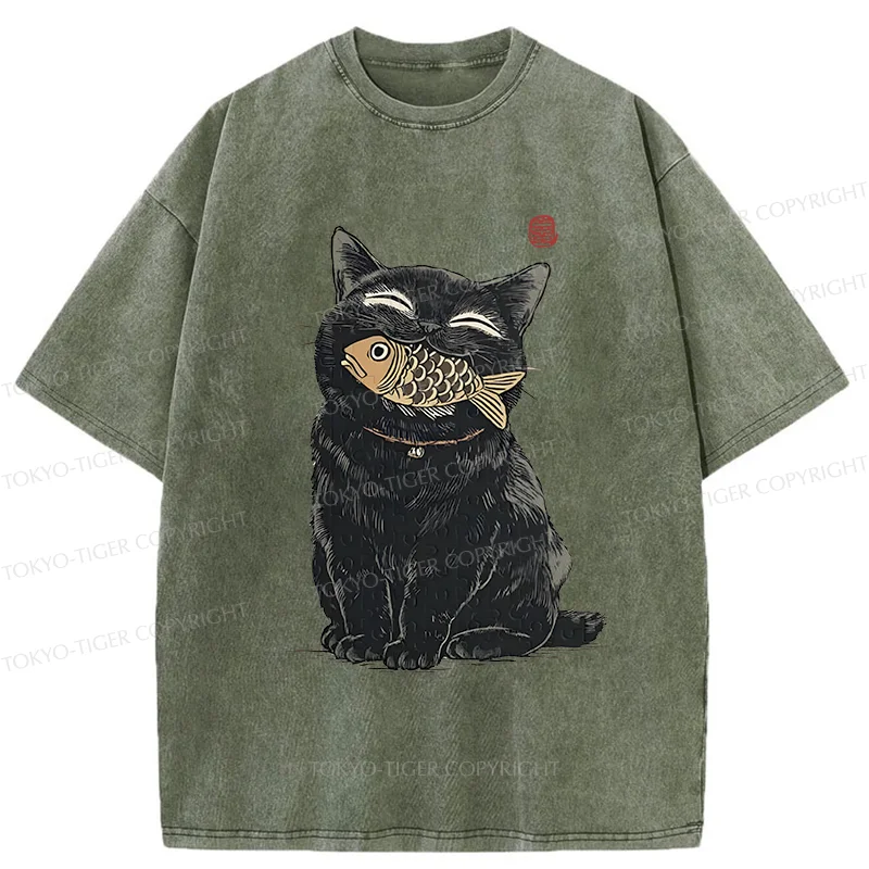 Tokyo-Tiger Happy Black Cat Washed T-Shirt