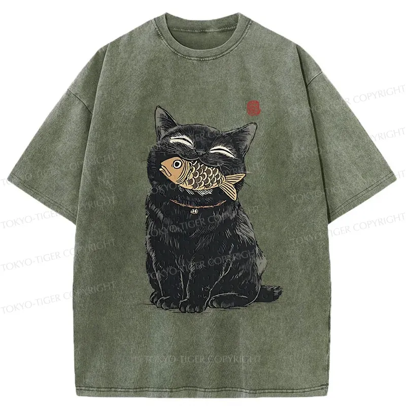Tokyo-Tiger Happy Black Cat Washed T-Shirt