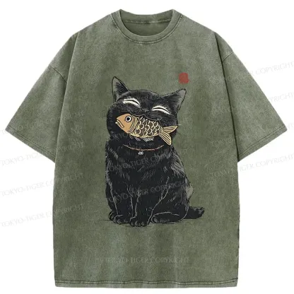Tokyo-Tiger Happy Black Cat Washed T-Shirt