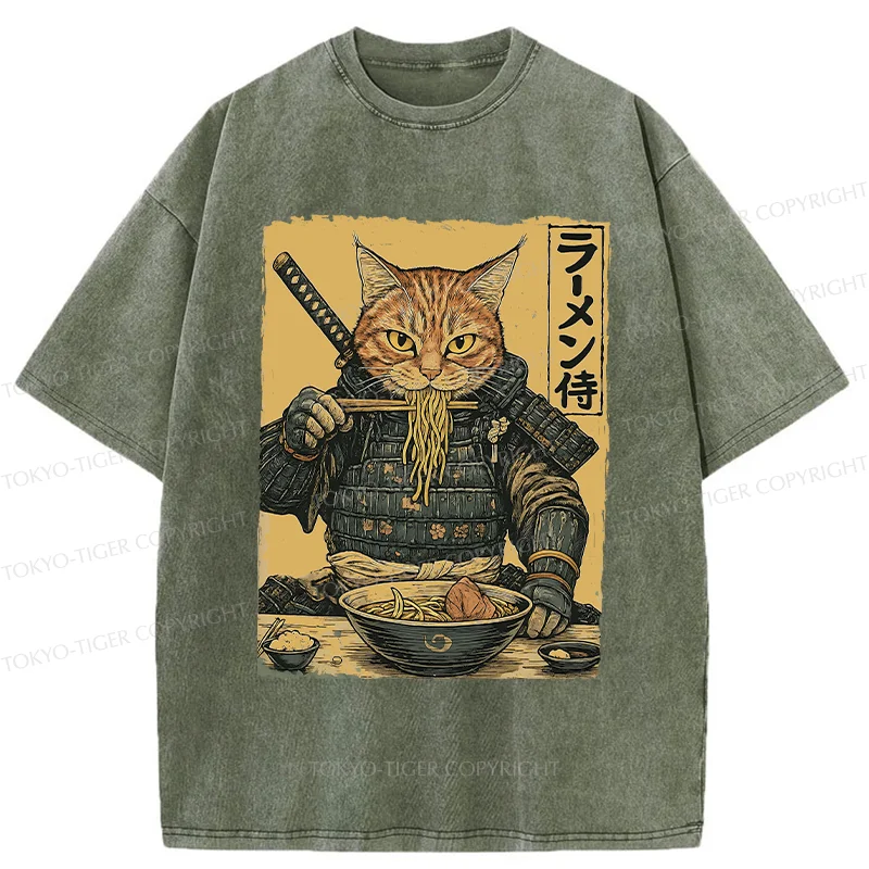 Tokyo-Tiger Cat General Eating Ramen Washed T-Shirt