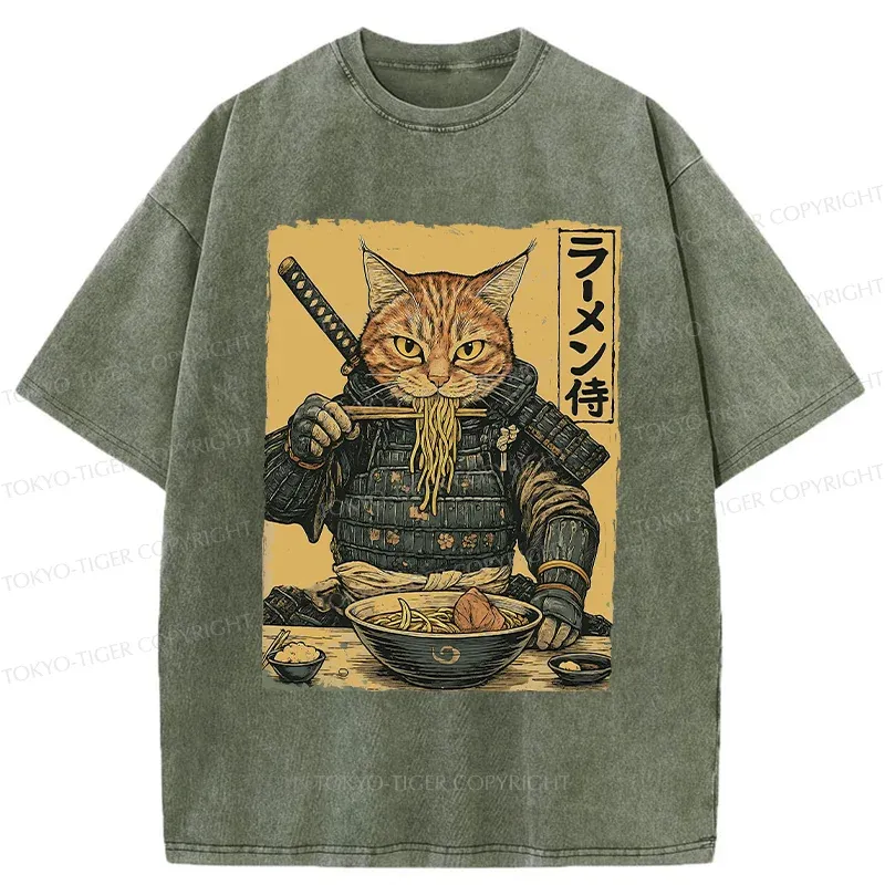 Tokyo-Tiger Cat General Eating Ramen Washed T-Shirt