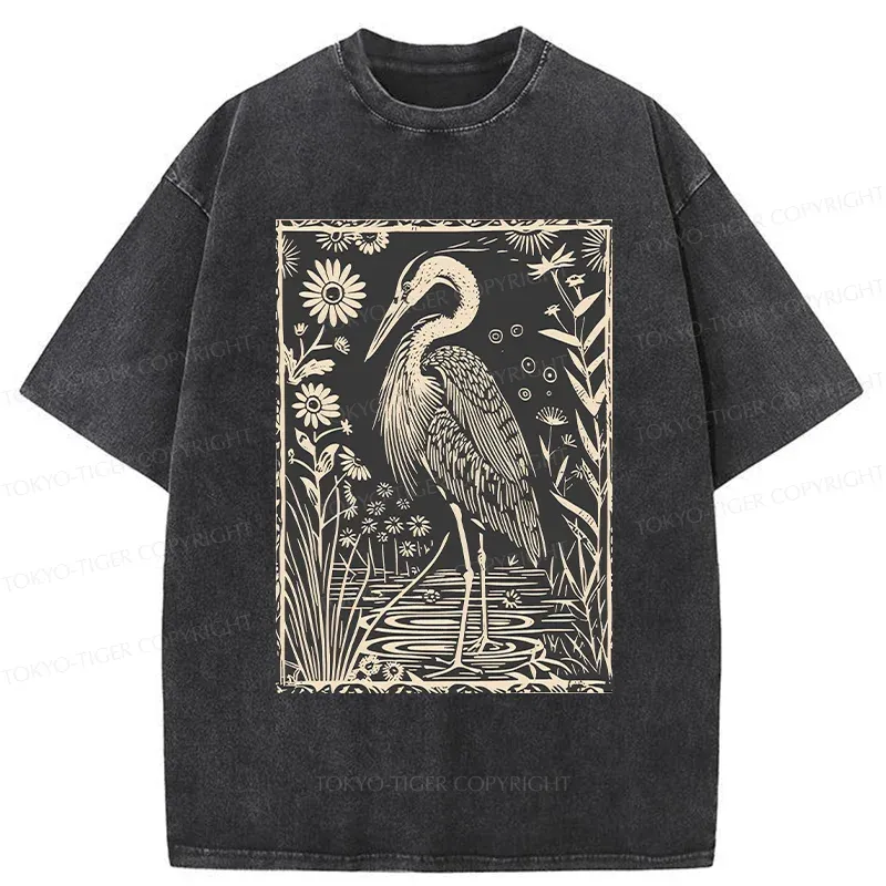 Tokyo-Tiger Woodcut Crane Japan Washed T-Shirt