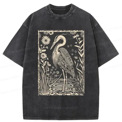 Tokyo-Tiger Woodcut Crane Japan Washed T-Shirt