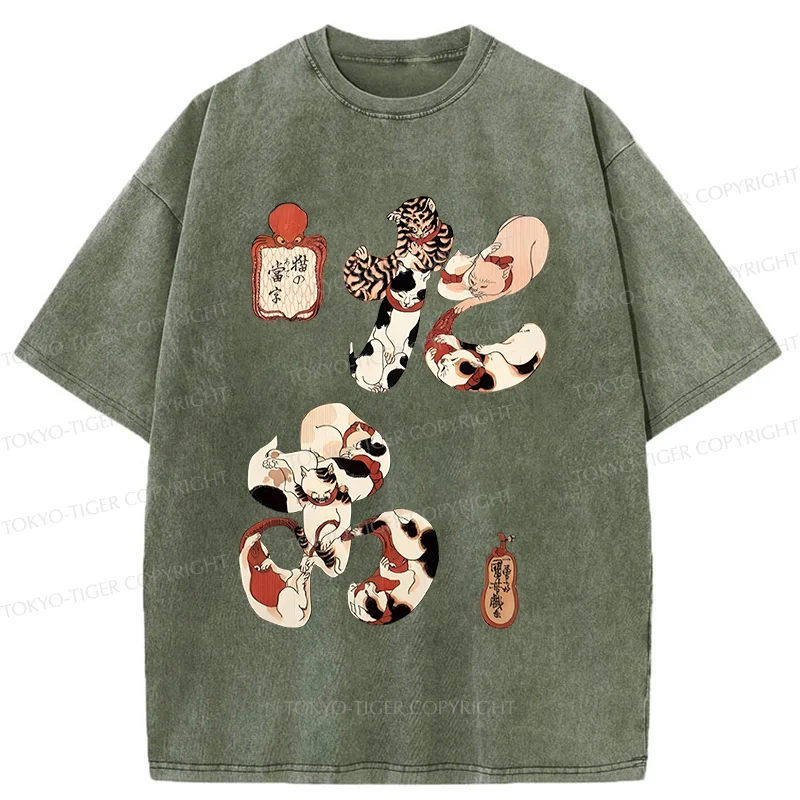 Tokyo-Tiger Funny Cat Kanji Washed T-Shirt