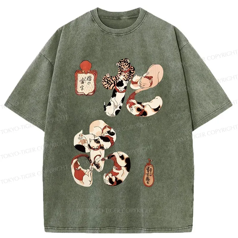 Tokyo-Tiger Funny Cat Kanji Washed T-Shirt