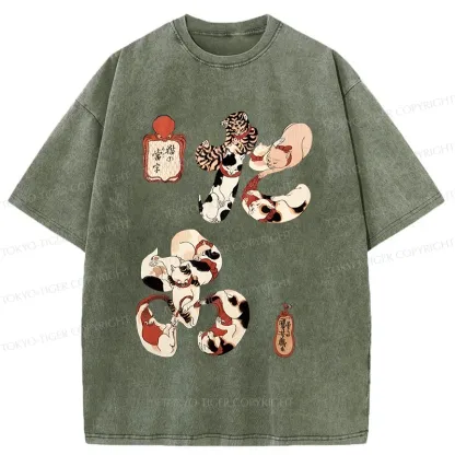 Tokyo-Tiger Funny Cat Kanji Washed T-Shirt