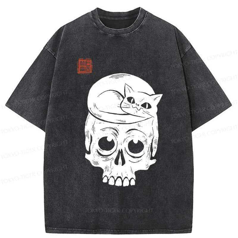 Tokyo-Tiger Woodcut Cat And Skeleton Washed T-Shirt