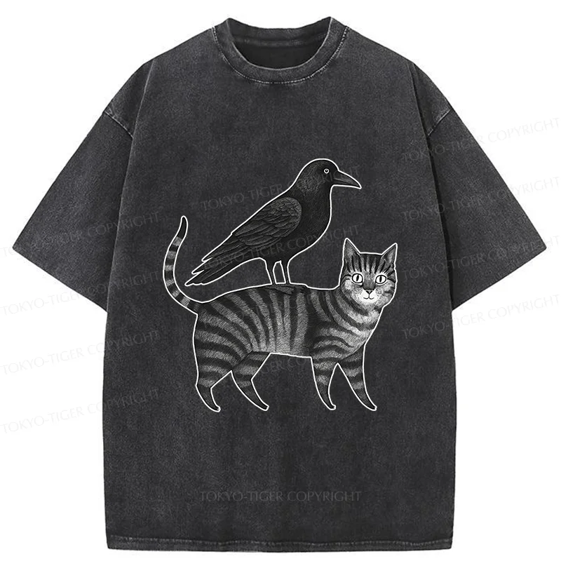 Tokyo-Tiger Crow Riding A Cat Washed T-Shirt