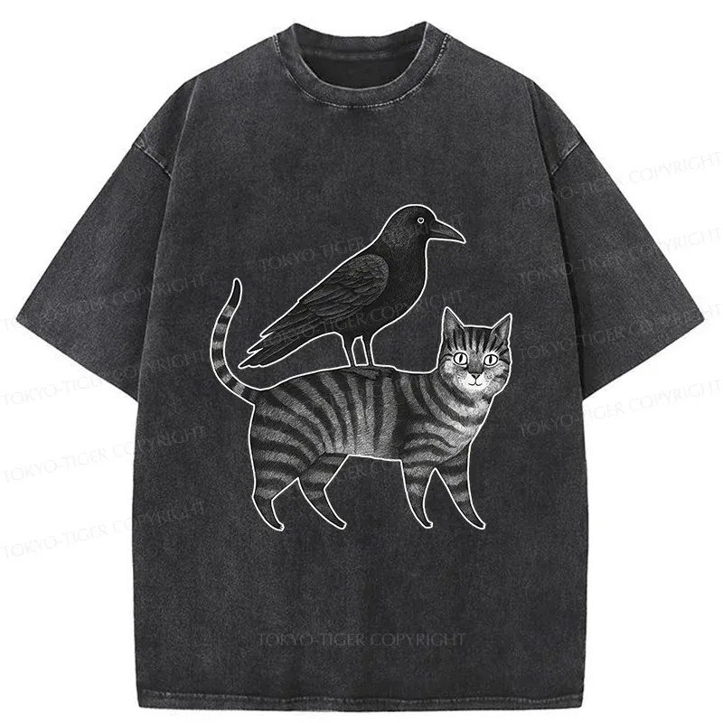 Tokyo-Tiger Crow Riding A Cat Washed T-Shirt