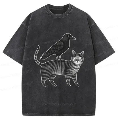 Tokyo-Tiger Crow Riding A Cat Washed T-Shirt