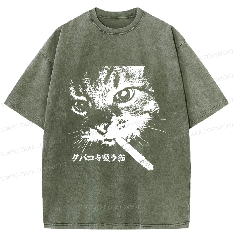 Tokyo-Tiger Retro Cat Smoking Washed T-Shirt