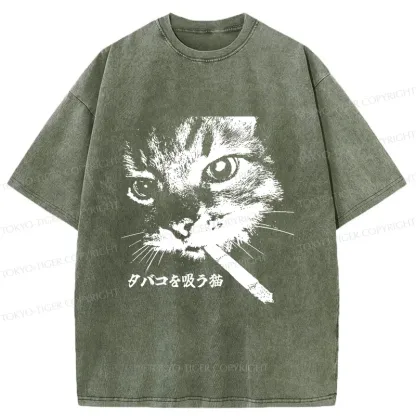 Tokyo-Tiger Retro Cat Smoking Washed T-Shirt
