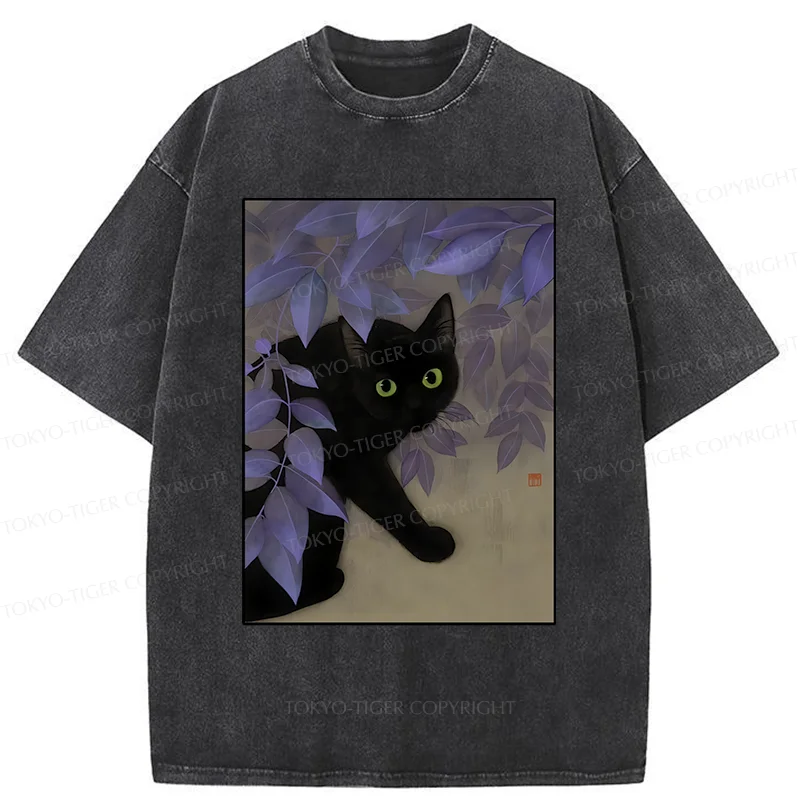 Tokyo-Tiger Cat Under The Flowers Washed T-Shirt