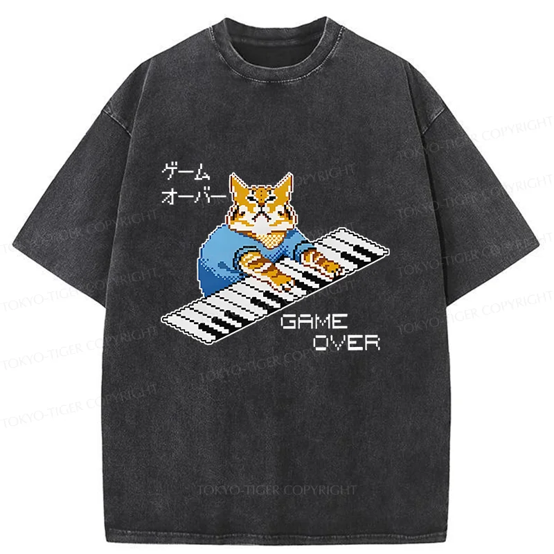 Tokyo-Tiger Cat Playing The Piano Washed T-Shirt