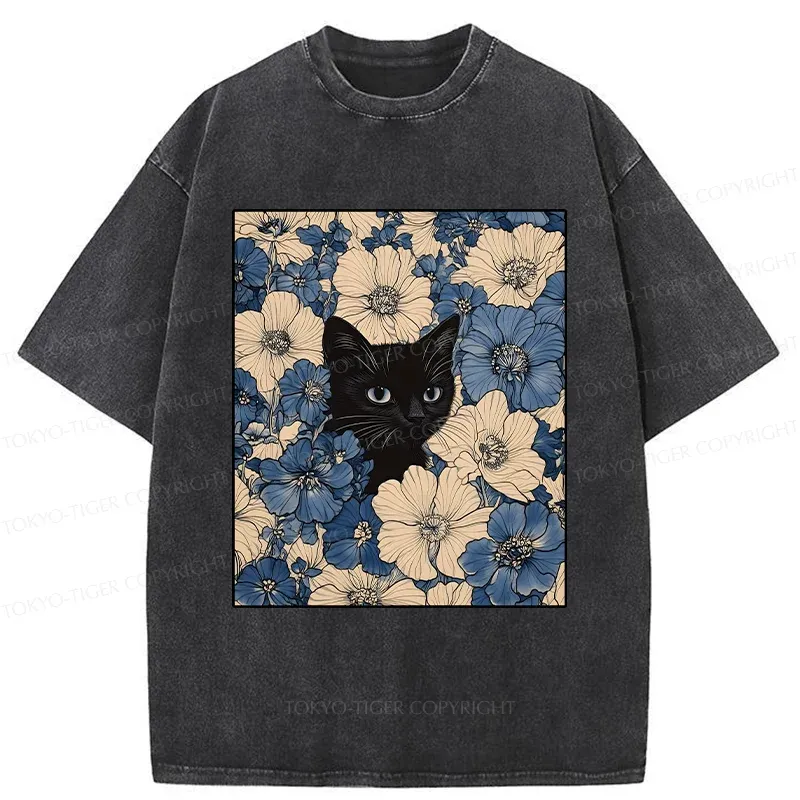 Tokyo-Tiger Cat In The Flowers Washed T-Shirt