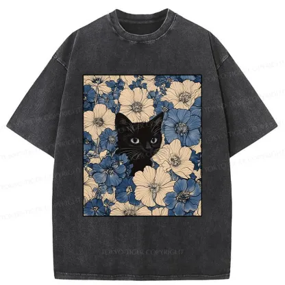 Tokyo-Tiger Cat In The Flowers Washed T-Shirt