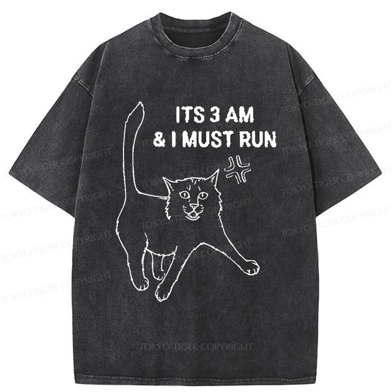 Tokyo-Tiger Cat Going For A Night Run Washed T-Shirt