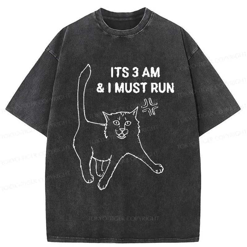 Tokyo-Tiger Cat Going For A Night Run Washed T-Shirt