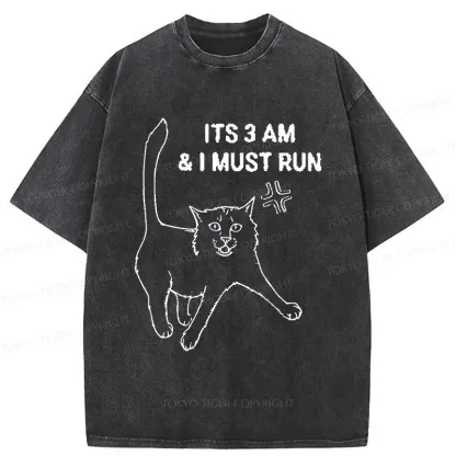 Tokyo-Tiger Cat Going For A Night Run Washed T-Shirt