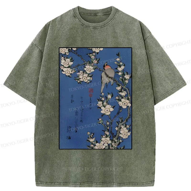 Tokyo-Tiger Japanese Bird And Wood Painting Washed T-Shirt