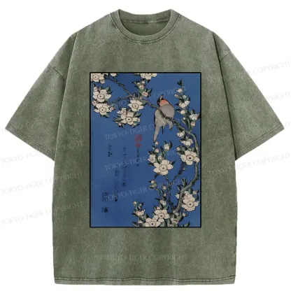 Tokyo-Tiger Japanese Bird And Wood Painting Washed T-Shirt