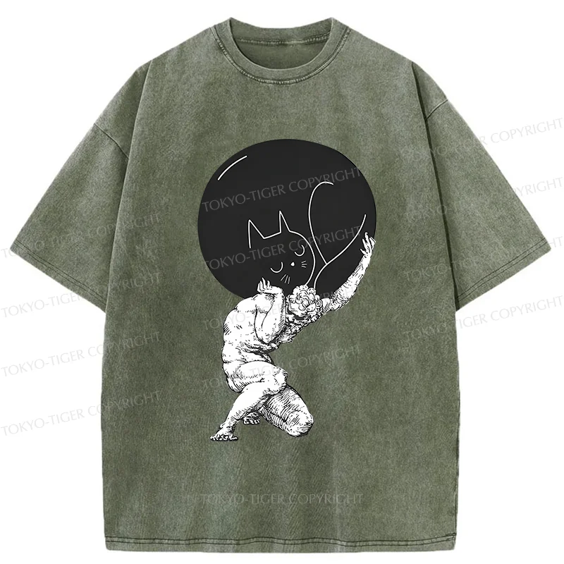 Tokyo-Tiger Stone Statue Holding A Cat Washed T-Shirt