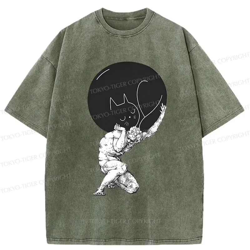 Tokyo-Tiger Stone Statue Holding A Cat Washed T-Shirt