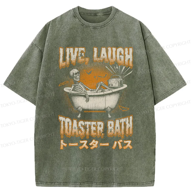 Tokyo-Tiger Skeleton Taking A Bath Washed T-Shirt