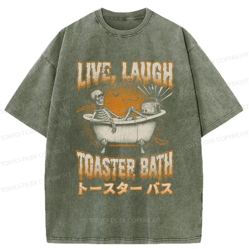 Tokyo-Tiger Skeleton Taking A Bath Washed T-Shirt