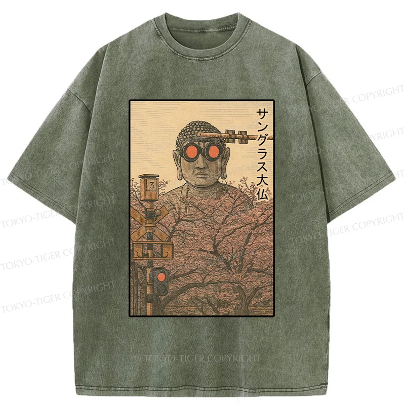 Tokyo-Tiger Buddha Statue Wearing Sunglasses Washed T-Shirt