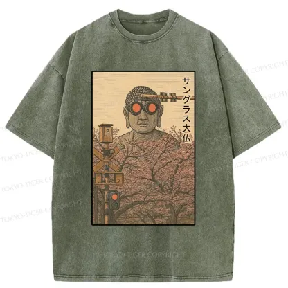 Tokyo-Tiger Buddha Statue Wearing Sunglasses Washed T-Shirt