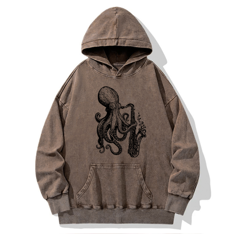 Tokyo-Tiger Octopus Playing Saxophone Washed Hoodie