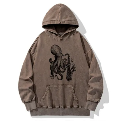 Tokyo-Tiger Octopus Playing Saxophone Washed Hoodie
