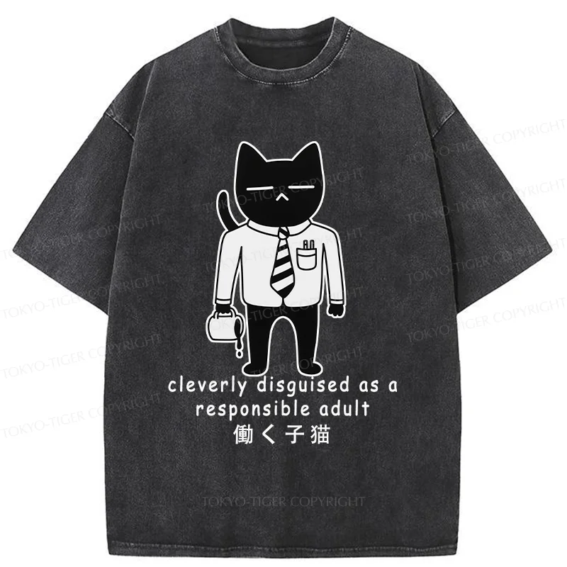 Tokyo-Tiger Cat At Work Washed T-Shirt
