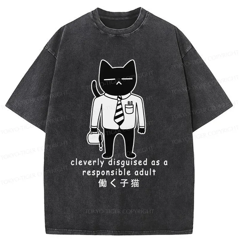 Tokyo-Tiger Cat At Work Washed T-Shirt