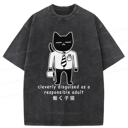 Tokyo-Tiger Cat At Work Washed T-Shirt