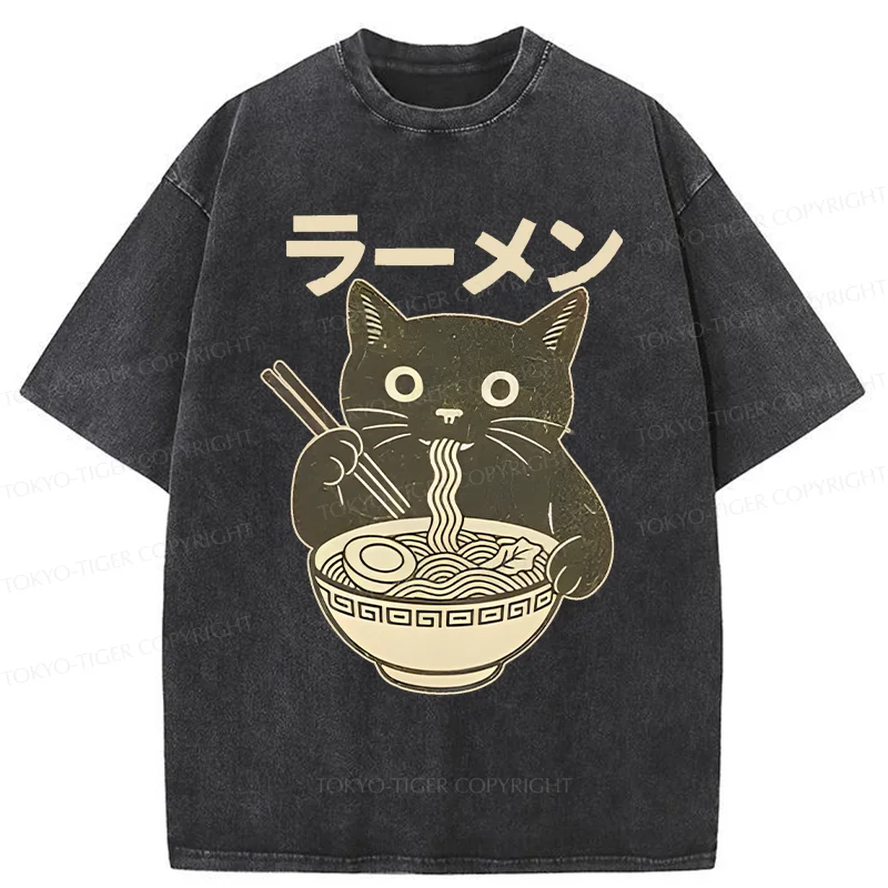 Tokyo-Tiger Simple Black Cat Eating Ramen Washed T-Shirt