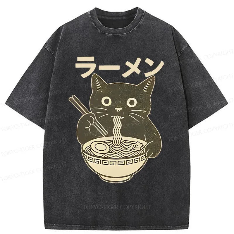 Tokyo-Tiger Simple Black Cat Eating Ramen Washed T-Shirt