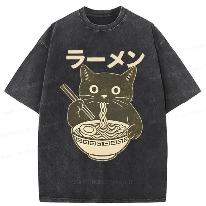 Tokyo-Tiger Simple Black Cat Eating Ramen Washed T-Shirt