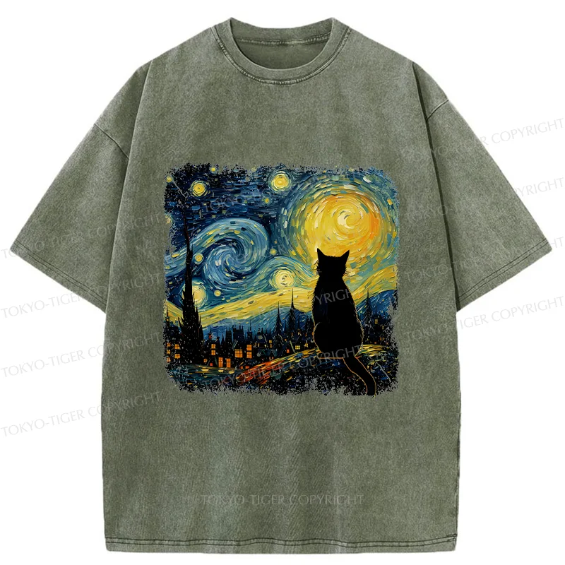 Tokyo-Tiger The Starry Night Cat Washed T-Shirt