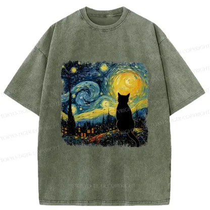Tokyo-Tiger The Starry Night Cat Washed T-Shirt
