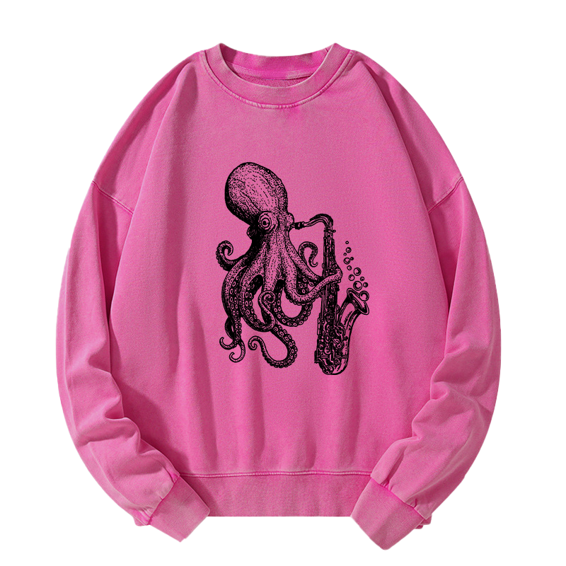Tokyo-Tiger Octopus Playing Saxophone Washed Sweatshirt