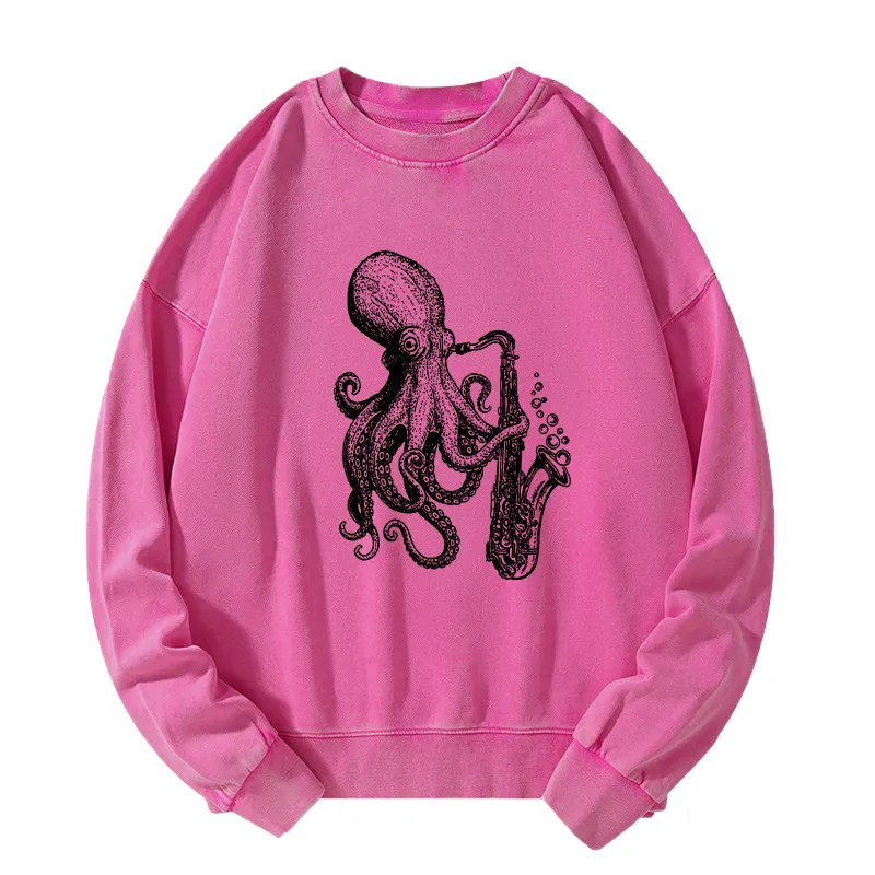Tokyo-Tiger Octopus Playing Saxophone Washed Sweatshirt