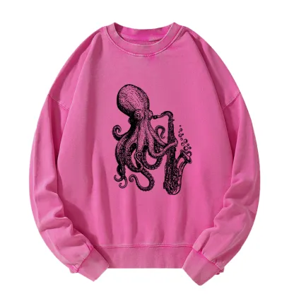 Tokyo-Tiger Octopus Playing Saxophone Washed Sweatshirt