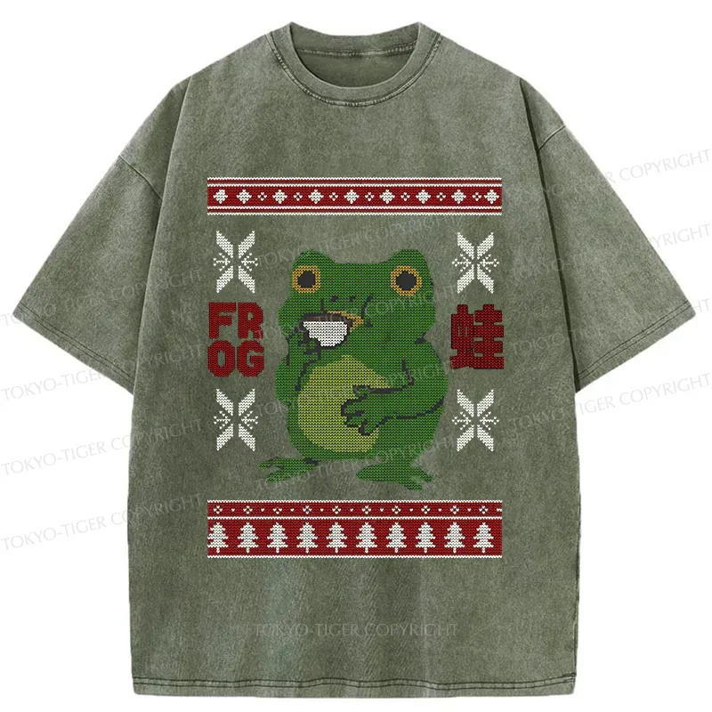 Tokyo-Tiger Frog Drinking Coffee Washed T-Shirt