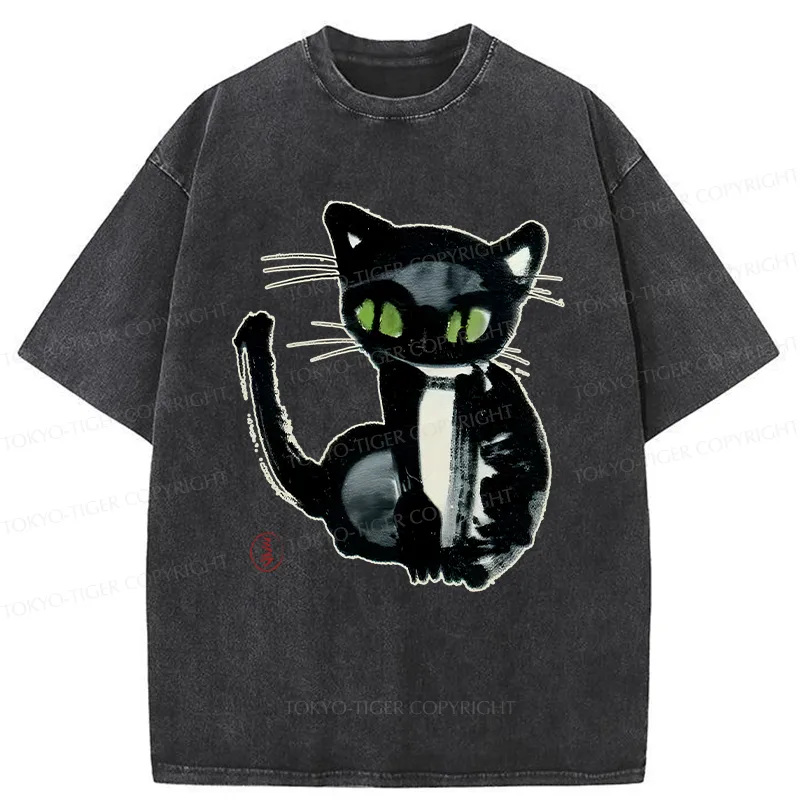 Tokyo-Tiger Ink Painting Cat Washed T-Shirt