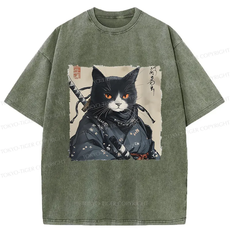Tokyo-Tiger Handsome Samurai Cat Washed T-Shirt